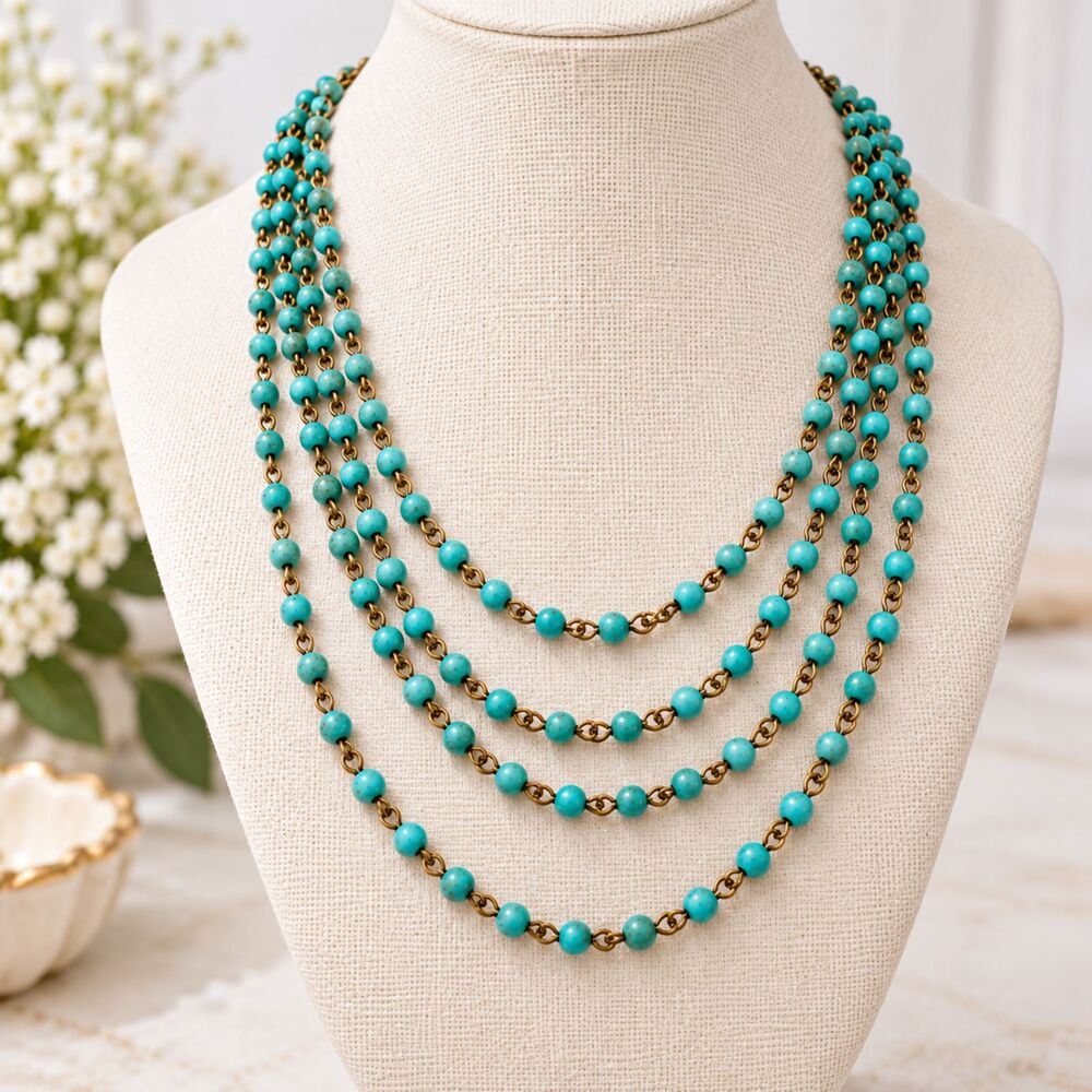 Susan Shaw Turquoise Seed Bead Multi Strand Necklace Signed Gold Tone Toggle Cla